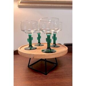 Retro Libby’s Saguaro emerald green cactus stemmed margarita glasses set of 4